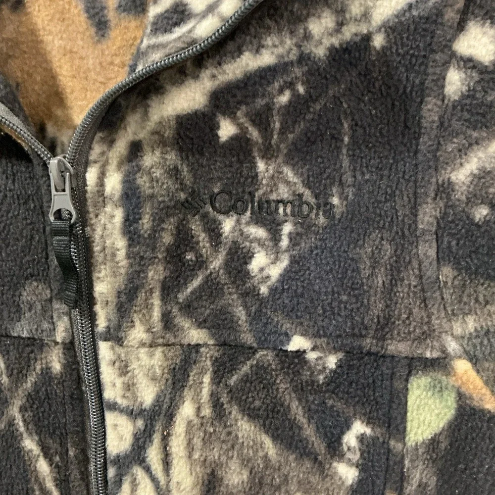 Columbia Camo Fleece Hunting Jacket Youth 6 / 7 Full Zip Black Logo Pockets Coat